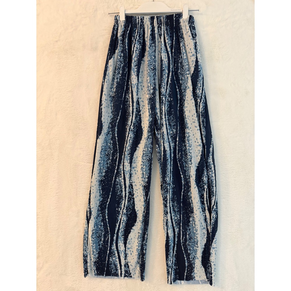Realtakai Blue Abstract Wave Print Pleated Wide Leg Pants Large